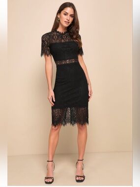 Lulus Remarkable Black Sheer Lace Short Sleeve Mini Dress - Large